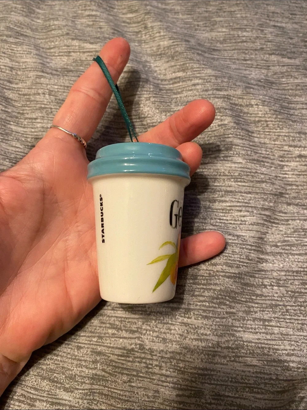 2 Starbucks Ceramic Ornaments Georgia Cup Ornament & Florida Bag Ornament